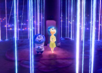 a small blue figure and a light lithe figure stand amidst beams of blue light