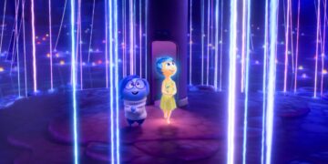 a small blue figure and a light lithe figure stand amidst beams of blue light