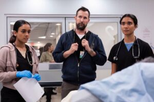 Shabana Azeez, Noah Wyle, Supriya Ganesh on set of The Pitt 