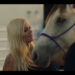 a blond girl looking at a horse