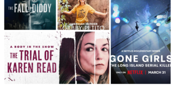 the logos for the true crime emmy contenders the fall of diddy, american murder gabby petito, a body in the snow, and gone girls