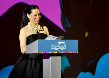 lucy liu speaks on stage at The Momentary in Bentonville, Arkansas