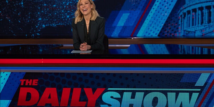 desi lydic behind the desk at The Daily Show