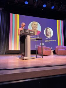 Katherine LaNasa accepts Virtuoso Award on stage at The Momentary in Bentonville, AR