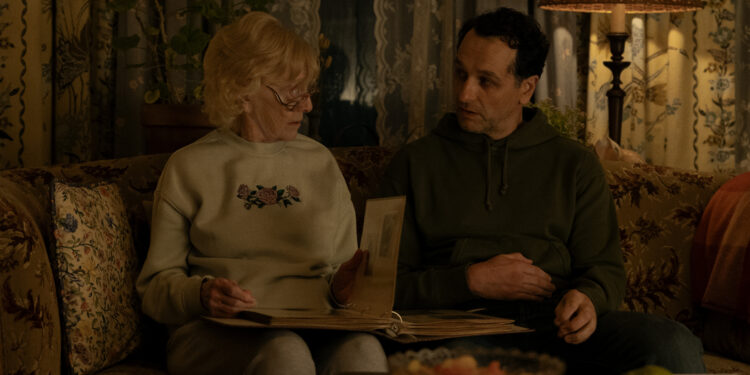 kay callan and matthew rhys on the couch on widow's bay